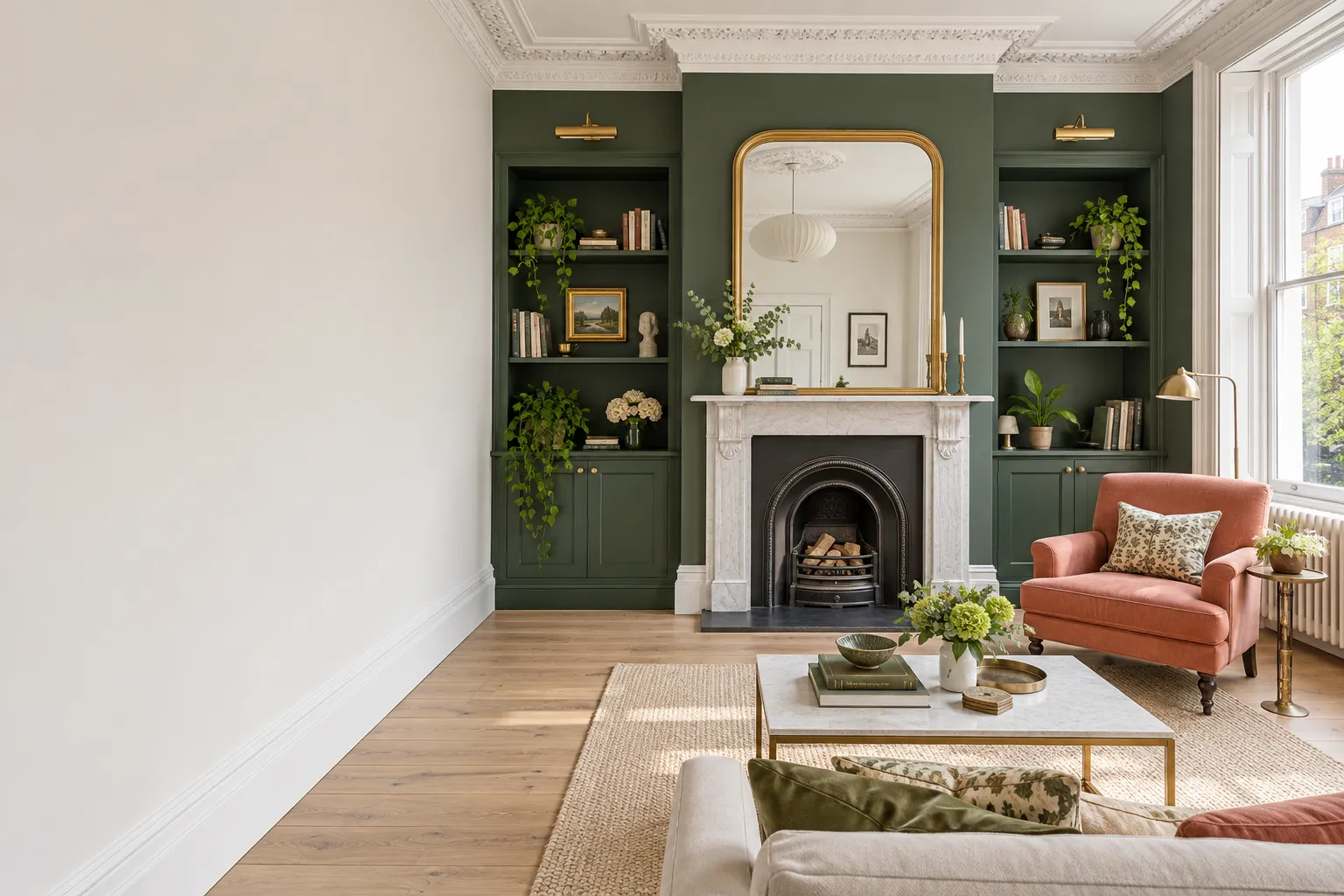 AI interior concept: green painted alcoves, white cornicing and a coral armchair